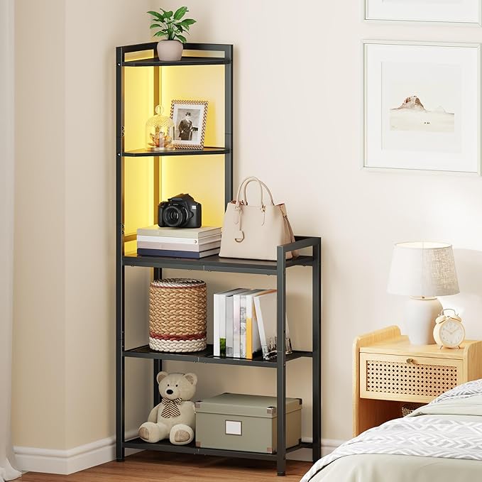 HOOBRO 5-Tier Corner Shelf Stand, Corner Shelf with LED Light, 56.3" Tall Corner Bookshelf, Display Rack Storage Organizer with Table, for Small Spaces, Living Room, Entryway, Black BB69DCJ01