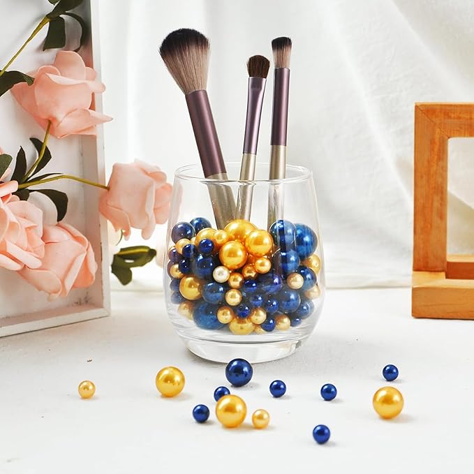 1400Pcs Navy Blue and Gold Vase Filler Pearl Beads for Crafting 8mm Beads No Holes Decor Suitable for Wedding Decor, Party Decorations, Centerpiece Table Decorations
