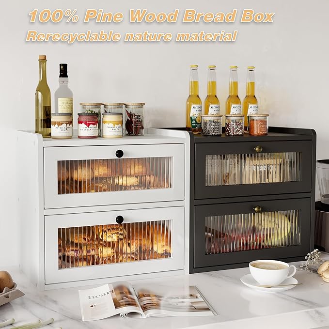 Alpeir Double Layer Large Bread Box for Kitchen Counter, Wooden Corner Bread Storage Container with Acrylic Window, White