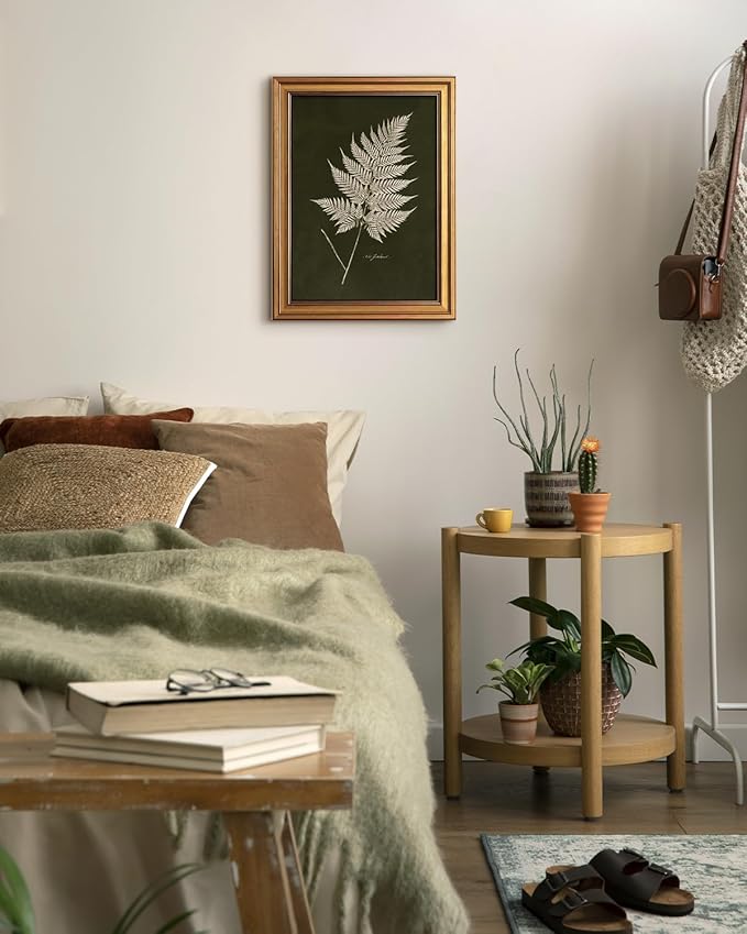 Bzstyleart Vintage Wall Art Decor Bedroom, Vintage Gold Framed Artwork, Fern Leaves Botanical wall Art Living Room, Canvas Picture Painting Room Decor Aesthetic, 12 x 16 Inch