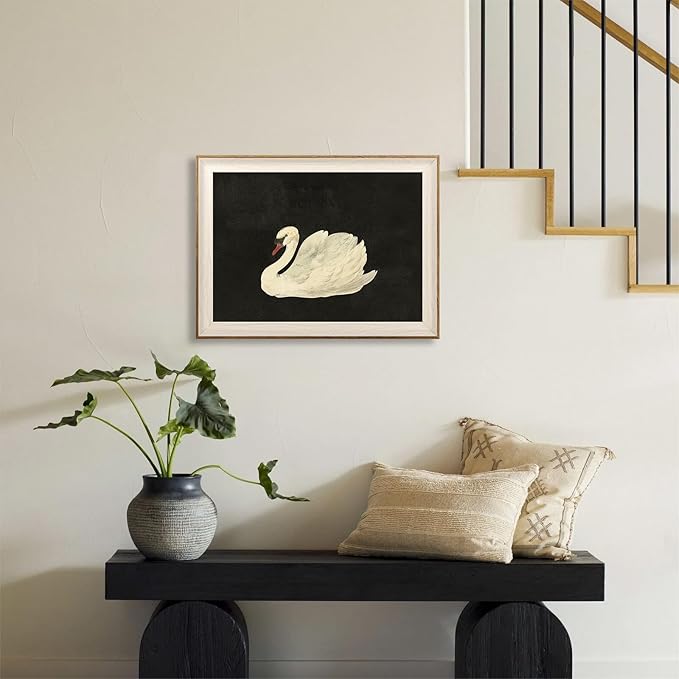 ASTRDECOR Vintage Framed Wall Art for Living Room, Vintage Swan Canvas Oil Painting for Bathroom Wall Decor, Classical Animal Framed Art for Home Decor Aesthetic, Zwaan Black and White Wall Art Prints for Bedroom Decor-12''x16''