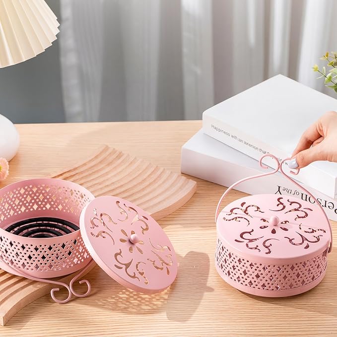 Lallisa 2 Pieces Incense Coil Holder Mosquito Coil Holder Retro Portable Round Metal Hanging Incense Burner Holders with Handle for Home Indoor Outdoor Camping Patio (Pink)
