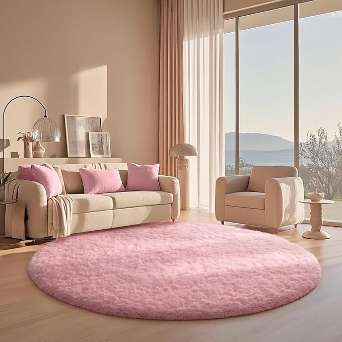 Ophanie Round Rugs 6Ft Pink Circle Area Rug, Fuzzy Bedroom Carpet, Large Shag Plush Floor Kawaii Christmas Living Room Rugs 6 foot,Cute Room Decor for Kids Teen Girls Baby Home Decor Aesthetic,Nursery