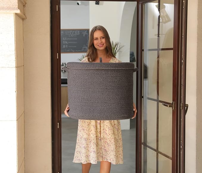 22"x14"x18" Rectangular Extra Large Storage Basket With Lid, Large Cotton Rope Storage Basket, Woven Laundry Hamper, Cloth Storage Bin, for Clothes Towels Blankets in Living Room, All Black Grey Mix