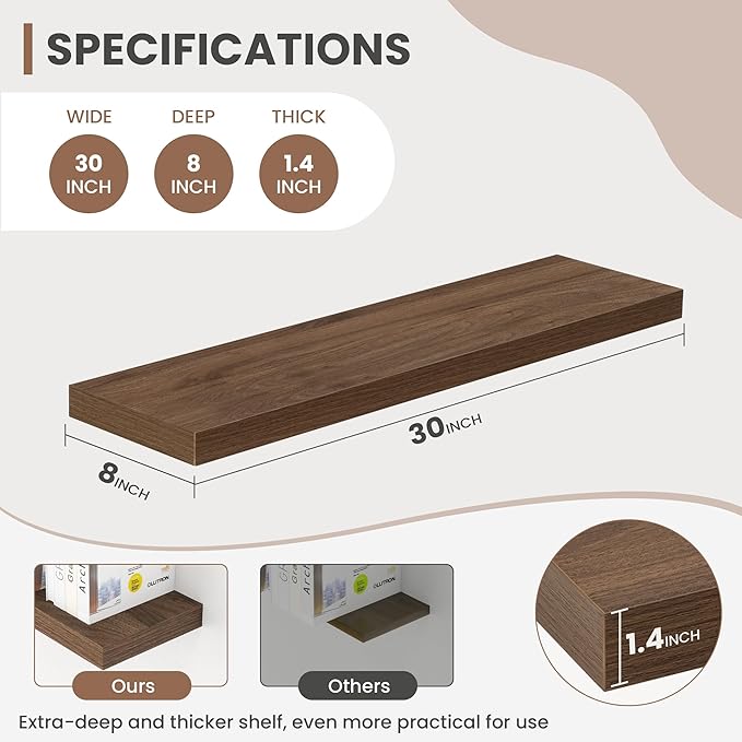 Acovy 30 Inch Floating Shelves, 8 Inch Deep Floating Shelves for Wall, Hanging Shelf with Invisible Brackets, Deep Shelves for Bathroom, Bedroom, Living Room, Walnut, Set of 2