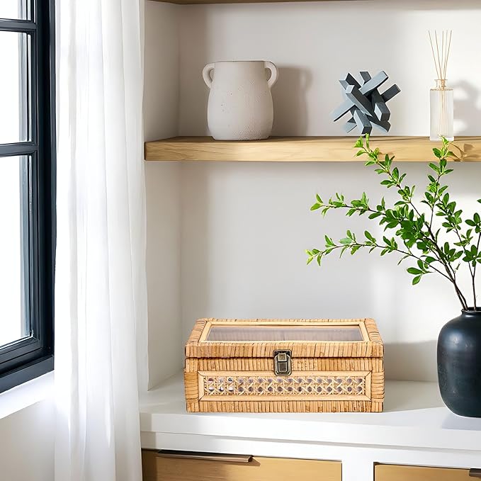 Rattan Box Rattan Decorative Storage Box with Lid Rectangular Wicker Rattan Basket Box for Shelf Rattan Box for Decor,11"L x 7.1"W x 4"H