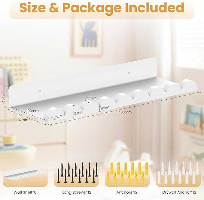 6-Pack Nursery Book Shelves, Scalloped Floating Shelves for Wall Kids, 15.7" Wood Wall Book Shelf for Bedroom Kids, Toddler Room, Baby Room, Nursery Decor,All White