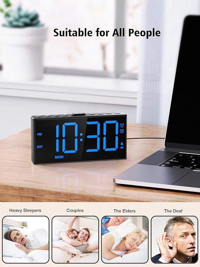 Vibrating Alarm Clock for Heavy Sleepers – Loud Bed Shaker, Dual Alarms with Weekday/Weekend Mode, 3 Vibration Levels, 5-Volume & Dimmer, Large Display, USB + Battery Backup – Deaf & Hearing-Impaired