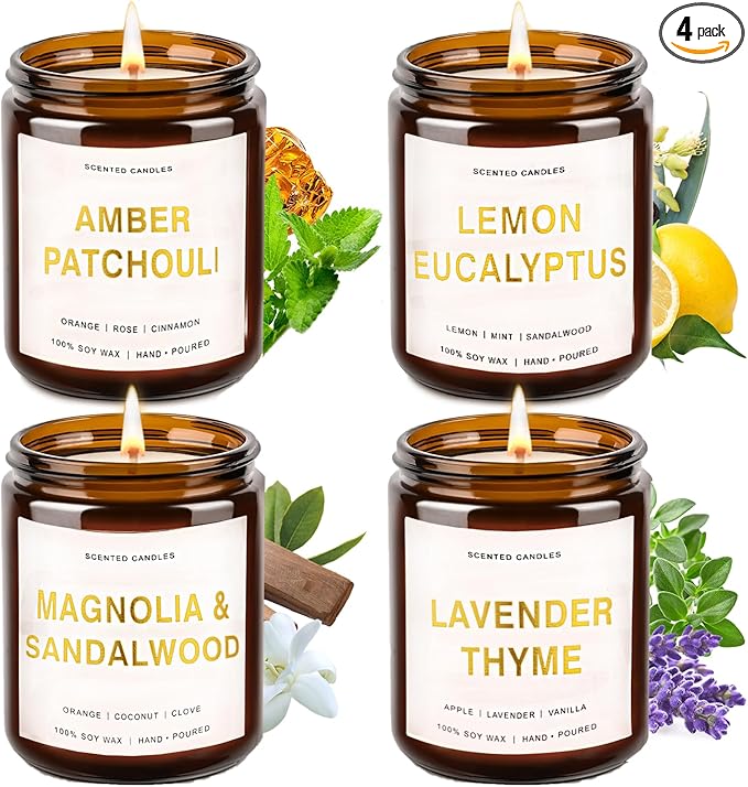 Candles for Home Scented, 4 Pack Soy Candle Non Toxic, Spring Scented Candles with Lavender Thyme, Magnolia & Sandalwood, Amber Patchouli, Lemon Eucalyptus - Candle Gifts Set for Women & Mothers Day