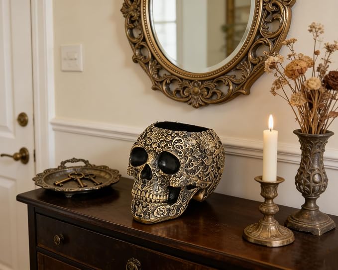 Skull Bowl Decorative Skull Vase Makeup Brush Pen Holder Organizer Dresser Gothic Table Organizer Decoration, Antique Gold Skull Pot Enthusiasts Gifts