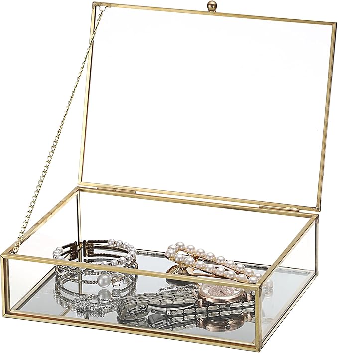 Glass Jewelry Box with Lid Golden Vintage Box with Mirror Base Decorative Case for Ring Earring Makeup Jewelry Display Organizer for Dresser, 7.3 x 5.3 x 2 Inch