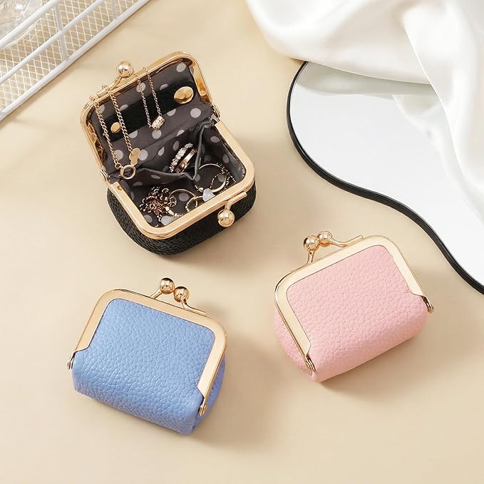 Genuine Leather Mini Jewelry Box Portable Vintage-Inspired Leather Small Coin Purse Jewelry Organizer Case Mini Travel Ring Box with Kiss Lock for Women Earring Ring Necklace