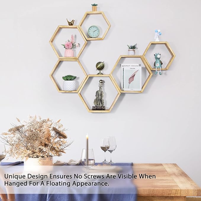 NOVIMANGO Hexagonal Floating Shelves Wall Mounted Set of 6 Wooden Hexagon Shelves Farmhouse Storage Honeycomb Shelves Hexagon Hanging Shelves Rustic Geometric Shelf for Nursery Bedroom Living Room