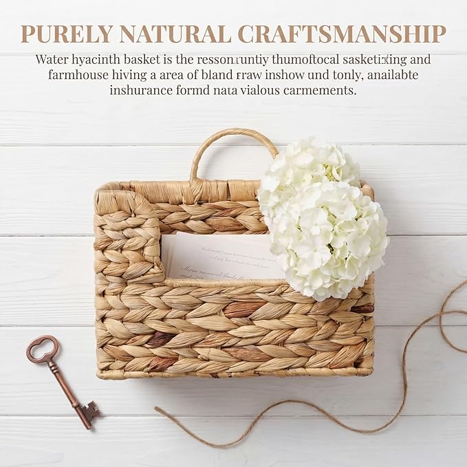Handwoven Water Hyacinth Wall Basket Storage with Non-Trace Nails - Decorative Hanging Magazine File Holder & Mail Organizer for Wall or Desk - Damage-Free Wicker Book Basket for Office & Home