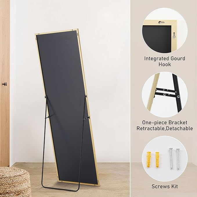 OLIXIS Full Length Mirror for Bedroom, 56"x21" Full Body Mirror with Stand, Hanging or Leaning for Wall, Aluminum Alloy Thin Frame Floor Standing for Living Room, Long, Gold
