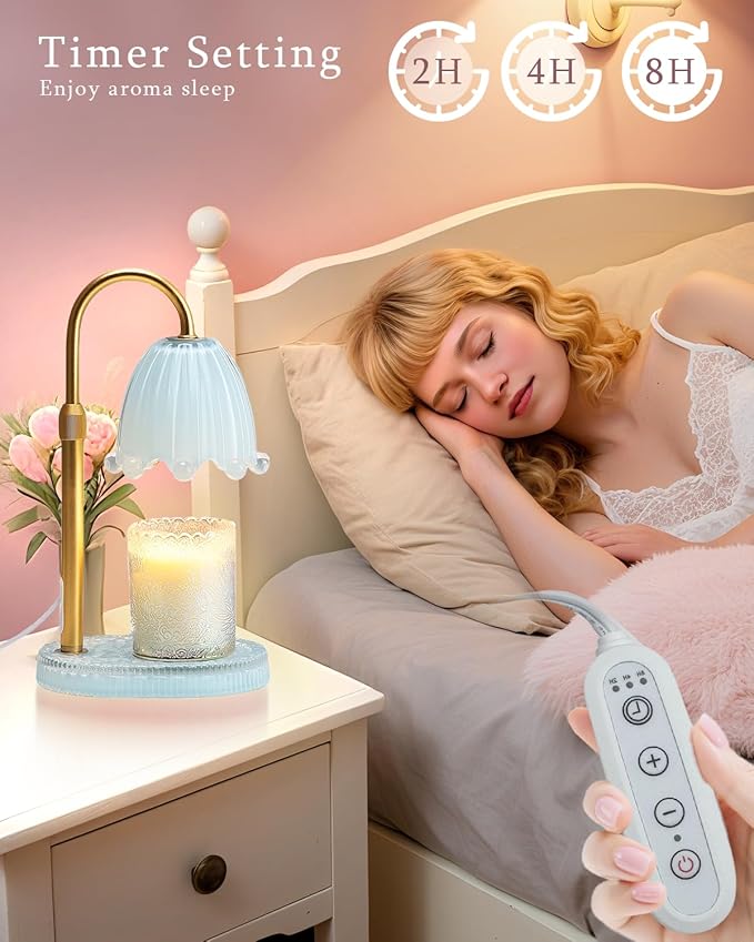 Flower Candle Warmer Lamp with Timer, Vintage Adjustable Glass Warmer Light for Jar Candles, Electric Wax Warming Melter, Gifts for Women Mom, Bedroom Decor (Blue-Flower)