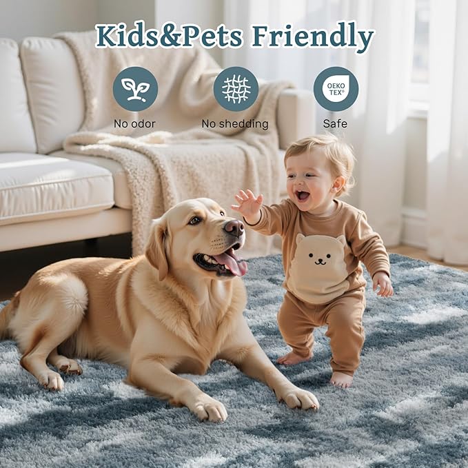 4x6 Feet Area Rugs for Bedroom, Grey and Blue Plush Fluffy Shaggy Living Room Rugs Non-Slip, Ultra Soft Carpet for Nursery Kids PlayRoom Dorm Office Indoor