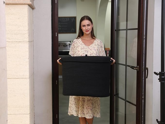 22"x14"x18" Rectangular Extra Large Storage Basket With Lid, Large Cotton Rope Storage Basket, Woven Laundry Hamper, Cloth Storage Bin, for Clothes Towels Blankets in Living Room, All Black
