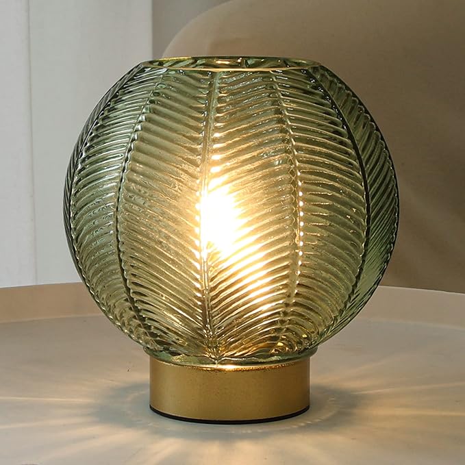 LUSHARBOR Battery Operated Lamp with Timer, Decorative Green Glass Table Lamp Cordless, Small Ambient Lamp for Bedside Bedroom Living Room Decor -Green