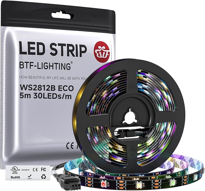 BTF-LIGHTING WS2812B ECO RGB LED Strip,UL Listed,Individually Addressable,16.4FT 30LED/m 150Pixel DC5V 5050SMD,Alloy Wire Flexible 3M Tape for DIY Chasing Color Project IP30(No Adapter or Controller)