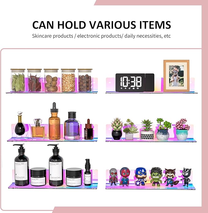 Sezanrpt 16 Inches Iridescent Acrylic Shelves, Wall Mounted Organizer Shelves for Bedroom, Clear Wall Storage Shelves for Cosmetics, Skincare, Router, Doll, Toiletries, Helmets, 2 Pack