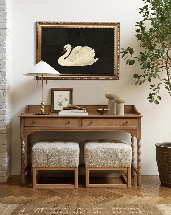 KBKBART Vintage Framed Wall Art for Living Room, White Swan Vintage Painting Canvas Wall Art Prints for Bathroom Wall Decor, Classical Gold Framed Animal Vintage Wall Decor Aesthetic for Bedroom, 16"x24"