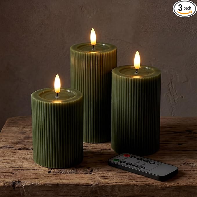Fluted Ribbed LED Pillar Candles, Loden Green, with Reflective Melted-Wax Effect – Flickering Flame, Remote, Dimmable, Flameless, Battery Operated, Home & Wedding Decor (Set of 3)