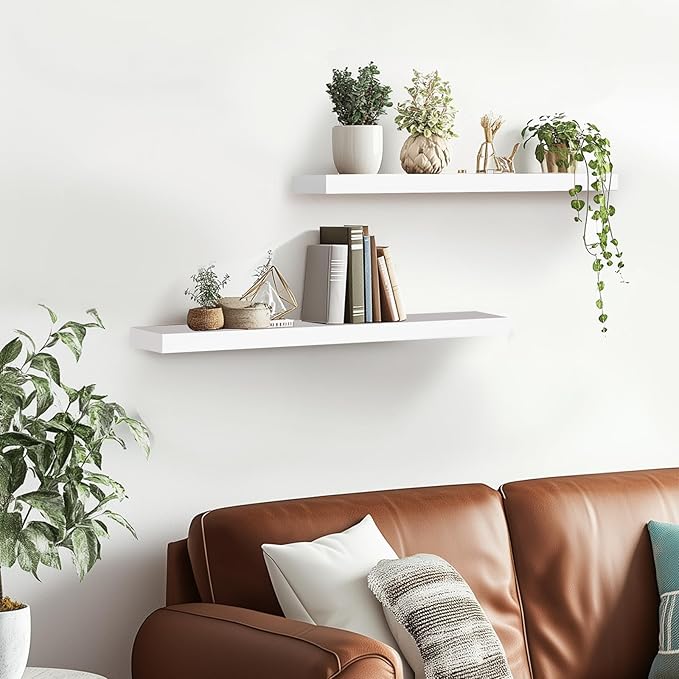 Floating Wall Shelves 2-Pack - Rustic White 16-inch Wooden Wall Shelves for Storage and Décor, Multi-Functional and Easy to Install for Living Room, Bedroom, and Kitchen