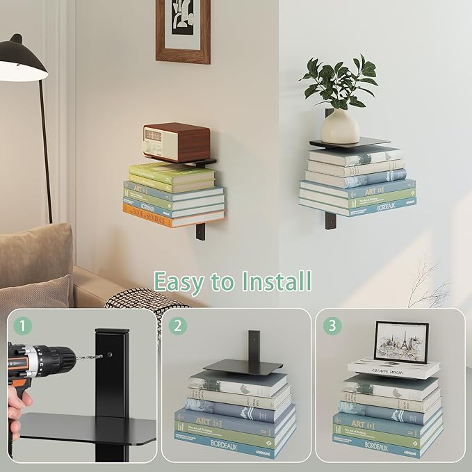 Floating Book Shelves for Wall, 4 Tier Invisible Floating Bookshelf, Vertical Spine Book Tower, Wall Mounted & Space Saving, Heavy Duty Metal Book Organizer for Home Office, 2 Pack Black