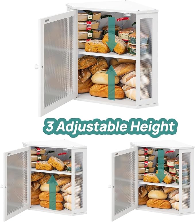 viewcare Corner Bread Box for Kitchen Counter, Bamboo Wood Large Capacity Bread Storage Bin with Acrylic Wavy Door Panel (White, Extra Large)