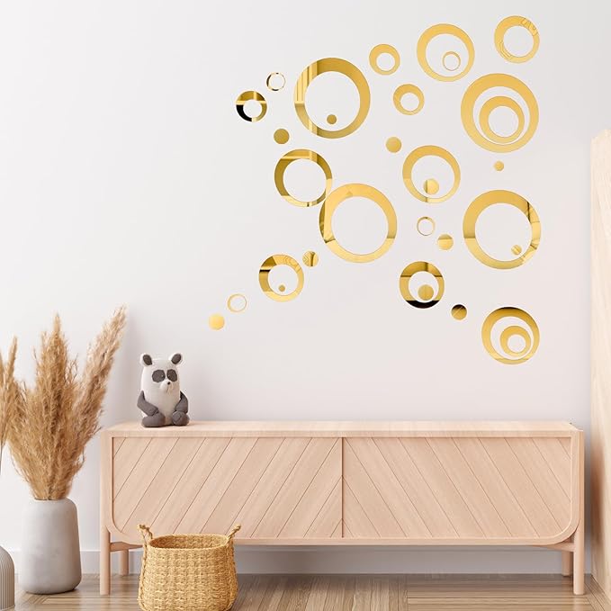 32 Pieces Removable Circle Wall Mirror Sticker Round Decal Acrylic Setting for Home Living Room Bedroom Decor, 1.5-13.5 cm (Gold)