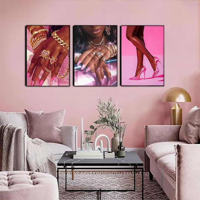 Pink Fashion Black Girl Canvas Wall Art Set of 3 African American Black Woman Posters Wall Decor Fashion Black Woman Pictures Prints for Living Room Bedroom Artwork Home Decoration 16x24Inch Unframed
