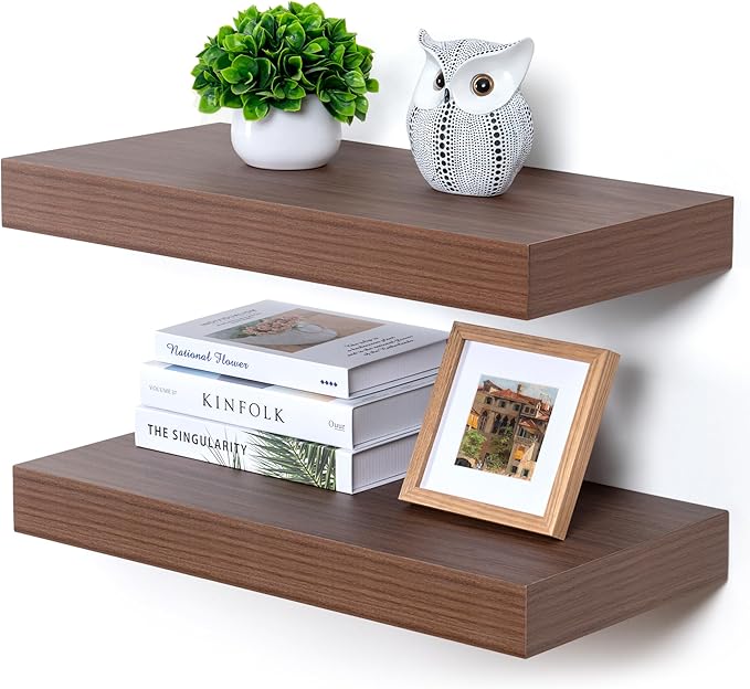 FLYJOE Deep Floating Shelves | 24 Inch Walnut Floating Shelves Set of 2 | 12 Inch Deep Rustic Wood Shelves for Wall | 24" W x 12" D Walnut Shelves for Living Room Bathroom Laundry Room Kitchen
