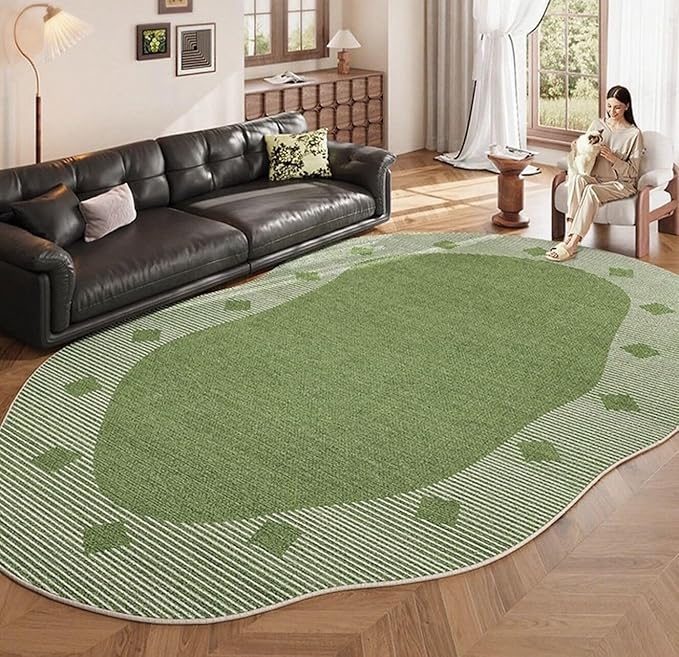 Modern Minimalist Irregular Rug 10x14 Green White Geometric Lines Unique Designer Rugs for Living Room Bedroom Guestroom Durable Waterproof Carpet Stylish Playroom Home Office Dorm Anti Slip Floor Mat