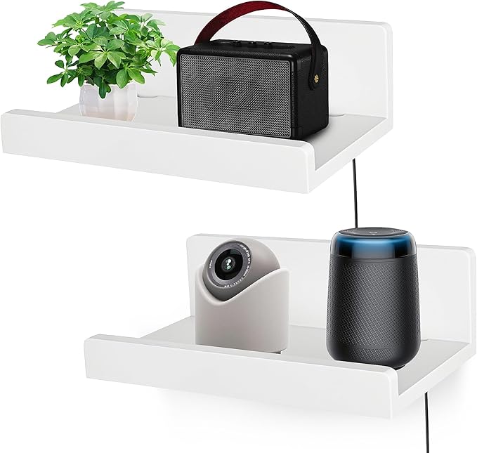 Floating Wall Shelves Set of 2, 12-Inch Solid Wood Shelves with Cable Holes, Small Display Shelf for Router, Webcam, Smart Speaker, Camera – White