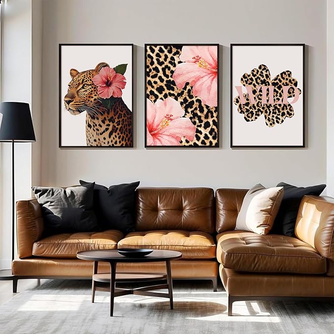 Trendy Leopard Wall Art Pink Cheetah Print Room Decor Leopard Flower Canvas Wall Decor Cheetah Aesthetic Poster Girly Pink Preppy Picture Funky Y2k Artwork for Girl Bedroom 12x16x3 Inch Unframed
