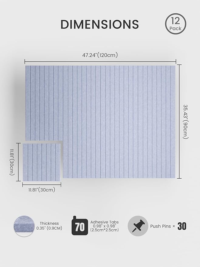 Bumusty Large Cork Board Alternative-48 x 36" Felt Bulletin Board Tiles, with 30 Pushpins, 70 Adhesive Tabs, Fine-Stripe 12-Pack, Cork Boards for Office Push Pin Board-Soft Periwinkle