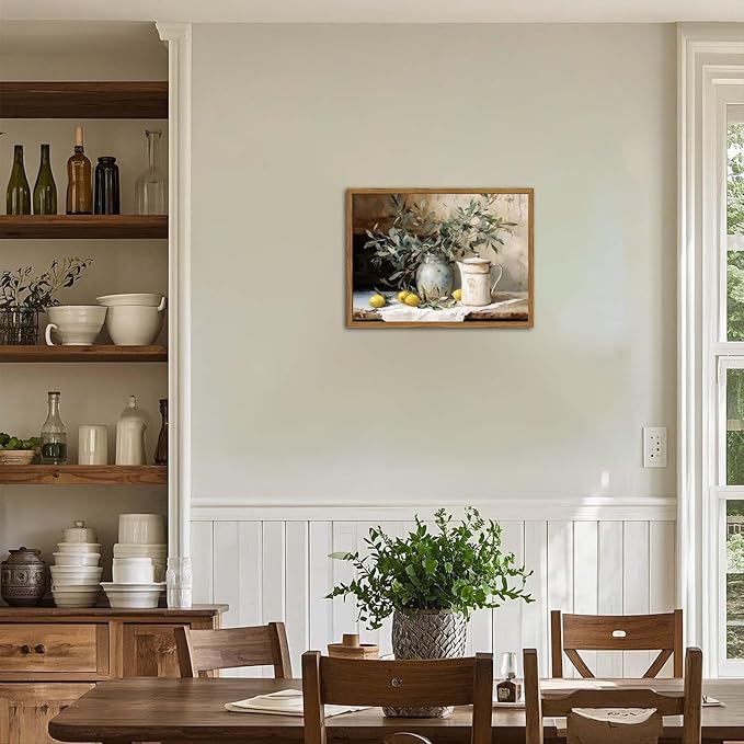 Framed Vintage Kitchen Wall Art, Rustic Yellow Lemon Still Life Pictures Wall Decor, Country Botanical Paintings Canvas Prints Farmhouse Home Decor for Dining Room Living Room 12x16 inch