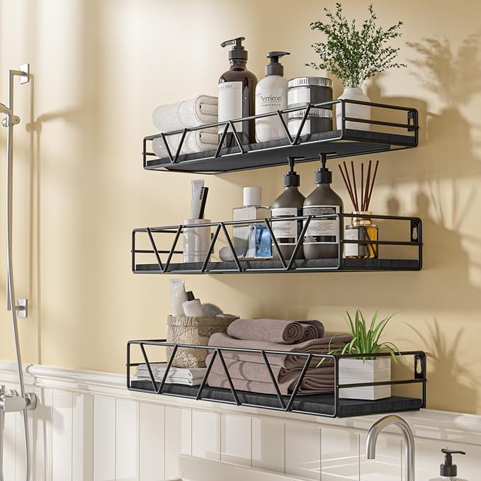 Amaoot Floating Shelves Set of 3, Home Wood Wall Shelf, Farmhouse Shelf for Bedroom, Wall Mounted Floating Shelf for Living Room, Bedroom, Bathroom, Kitchen, Office (Black 2)