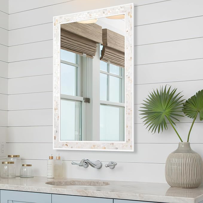 Tanmicoshomy 26 x 40 Inch Rectangle Bathroom Mirror, Natural Shell Framed Rectangular Mirror for Bathroom, Bedroom, Living Room or Entryway, Wall Mounted Horizontal or Vertical