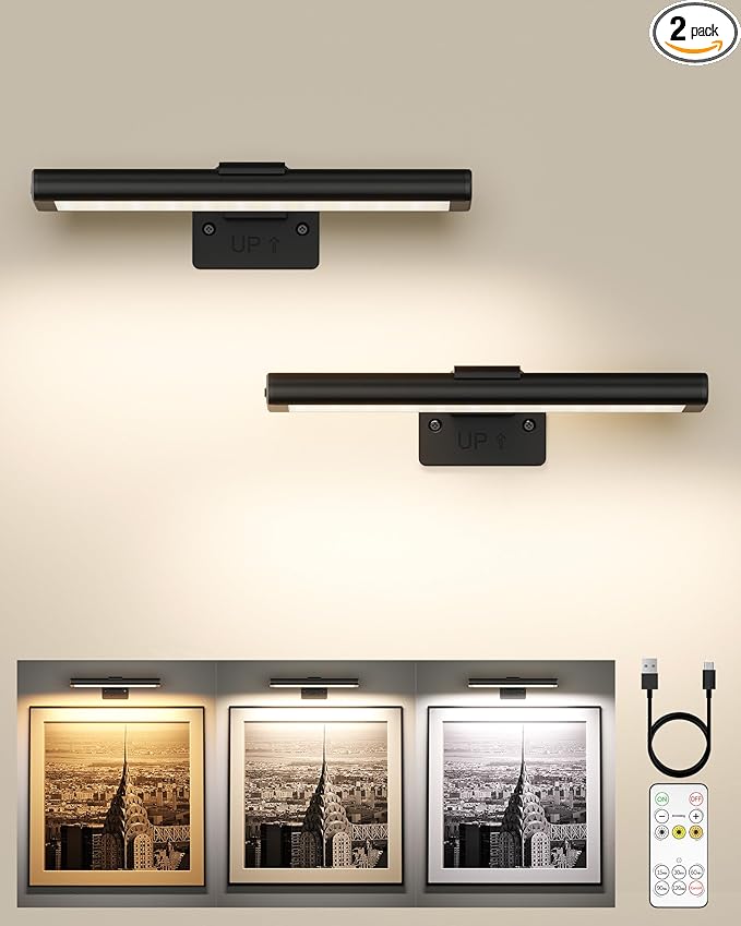 EZVALO Picture Light for Wall, Rechargeable 2400mAh Battery Lights Wireless with IR Remote, 3 Color & Dimmable Magnetic 7.87'' LED Lights Display for Painting, Living Room, Gallery, Bedroom(Black-2P)