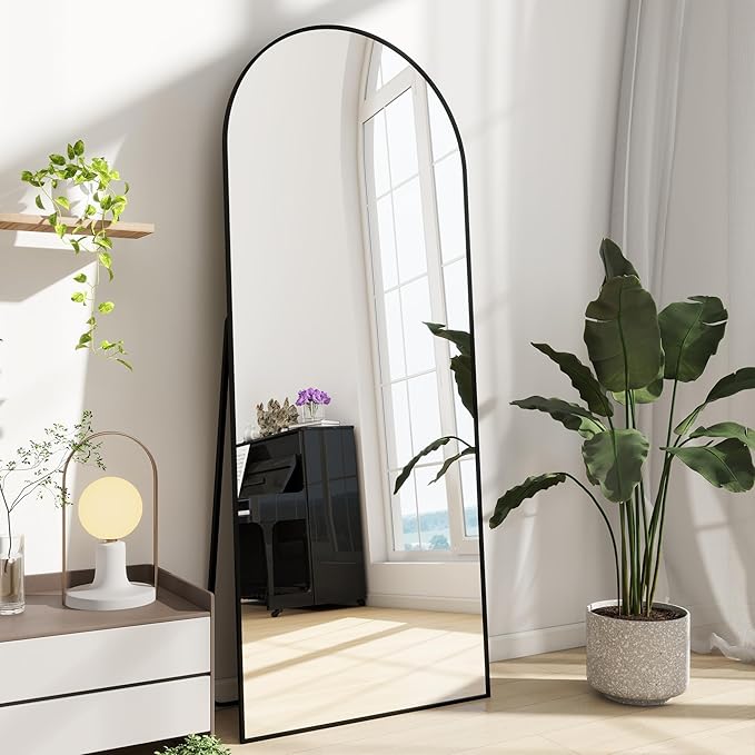 Dewfig Arched Full Length Mirror, 64"x21" Gold Mirror with Stand, Full Body Mirrors for Leaning Against or Wall Mounted, Large Floor Mirrors for Bedroom, Living Room, Black