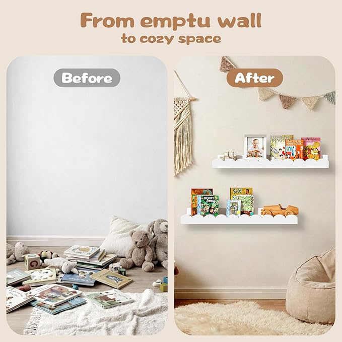 White Scalloped Nursery Shelves for Wall, 4-Pack Floating Book Shelves for Kids Room, Wall Mounted Kids Bookshelves for Bedroom, Playroom, Book and Decor Display