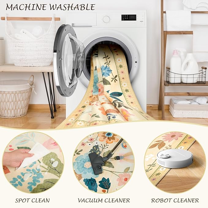 RELEANY Floral Nursery 6ft Area Rugs Washable Print Boho Cute Carpet Non Slip Flower Low Pile for Living Room Kids Girls Playroom Bedroom Kitchen Office Farmhouse-Ivory/Yellow