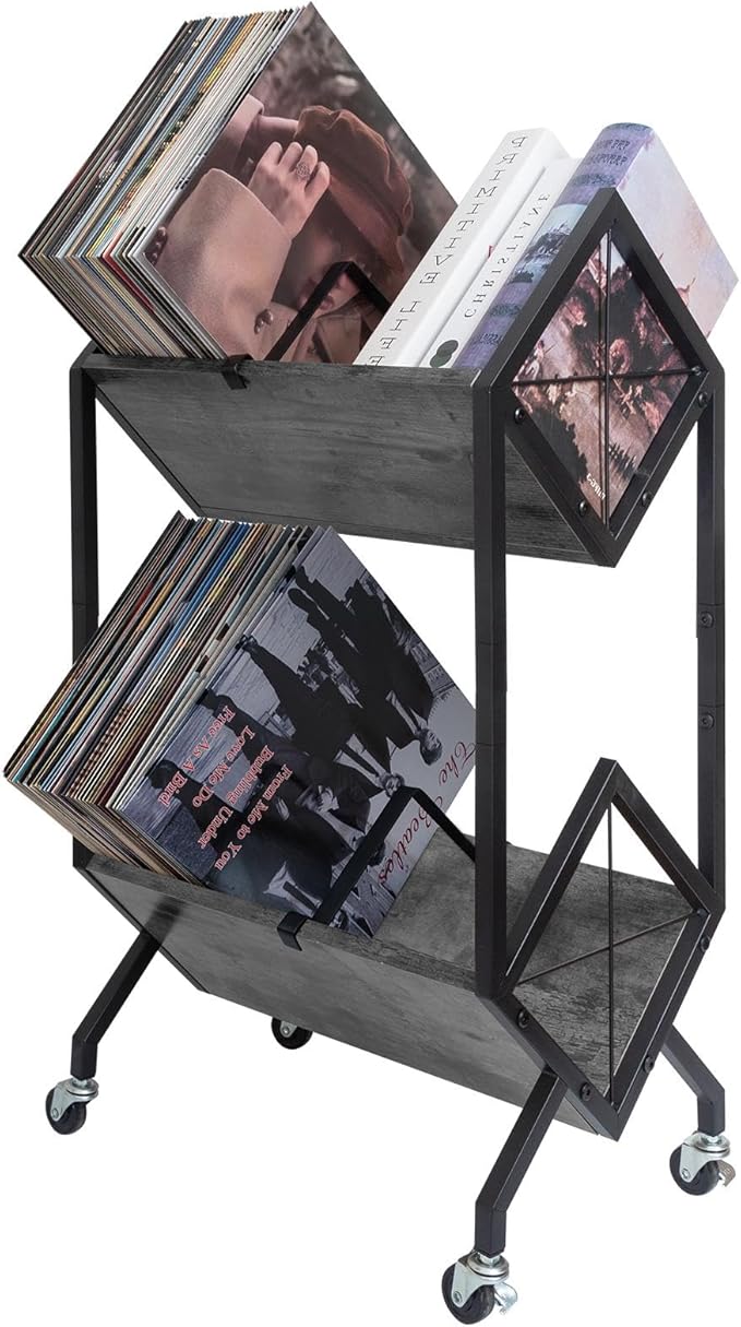 SwaaVee Vinyl Record Storage Holder with Wheels, 2-Tier Record Holder 160-200 LP with Dividers, Retro Style Quick Assembly Vinyl Record Display for Albums, Magazine, Book, Files(2 Tier- Gray)
