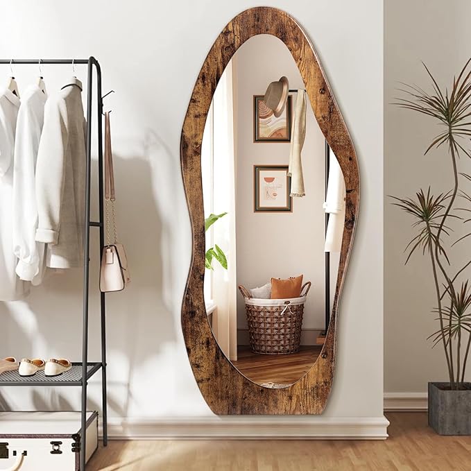 Full Length Mirror 59" x 24" Irregular Wall Mirrors Wood Framed Full Body Mirror Hanging or Leaning Against Wavy Floor Mirrors for Living Room Bedroom Entryway Bathroom Retro Brown