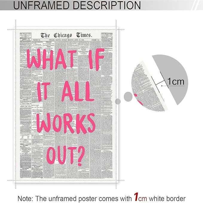 Drimiler What If It All Works Out Poster Retro Newspaper Pink Font Canvas Wall Art Positive Affirming Quote Minimalist Prints Painting For Home Bedroom Dorm Wall Decor 12x18in Unframed