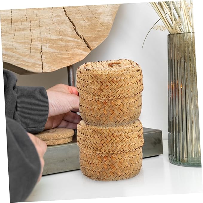VALICLUD Wicker Lidded Basket Storage Box Lid for Home Handmade Basket Decorative Flower Bin