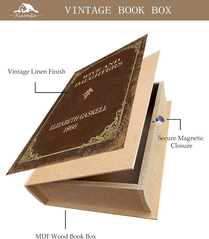 Vintage Faux Leather Decorative Book Box – Wooden Secret Storage Box with Magnetic Closure, Hidden Organizer for Bookshelf, Desk, or Office Decor (Wives and Daughters)