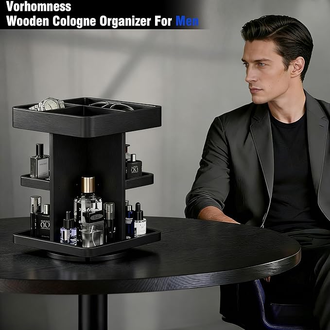 3-Tier Rotating Cologne Organizer for Men, Large-Capacity Wooden Perfume Display Stand for Desk & Nightstand, Rounded Corner Design, Birthday Gift for Men (Black)